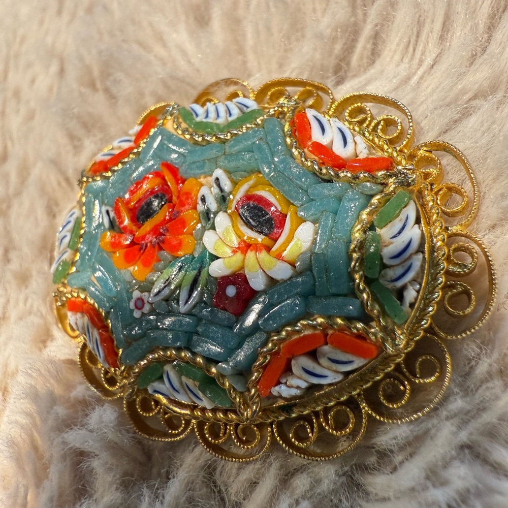 Vintage Gold Micromosaic Micro Mosaic Flower Design Brooch Pin